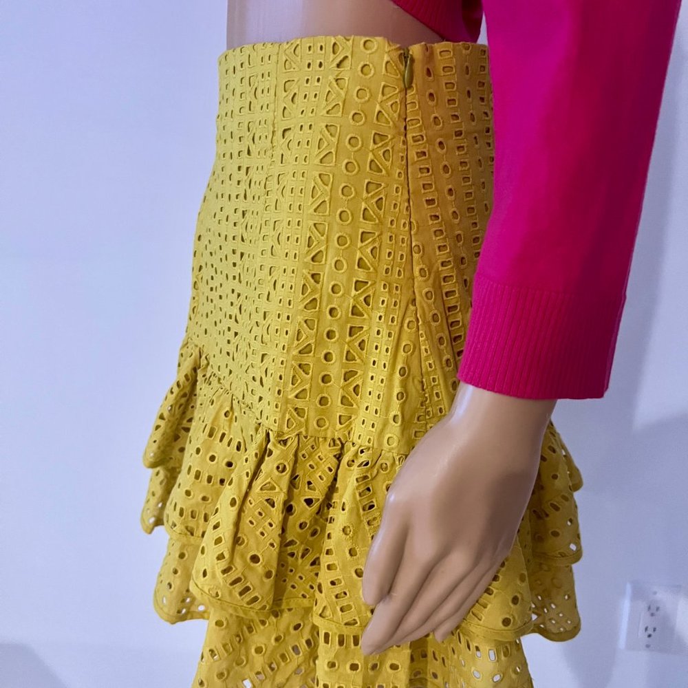 ZARA Yellow Ruffle Skirt High Waist Cut Out Embroidered Summer Size S - Picture 10 of 12